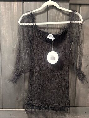 NWT Princess Polly Ruben mesh Black Smocked Dress with Sheer Frayed Puff Sleeves